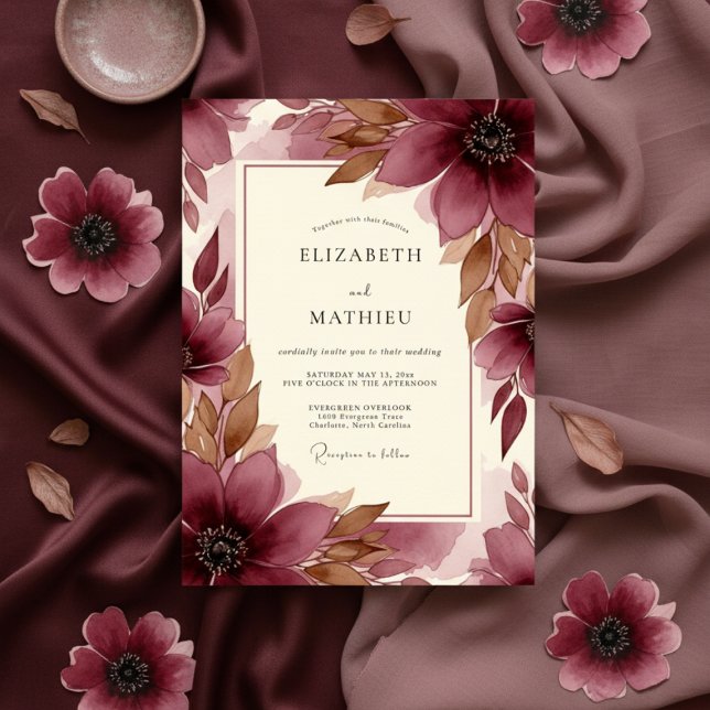 Convites Burgundy Brushstroke Bloom Wedding (Criador carregado)
