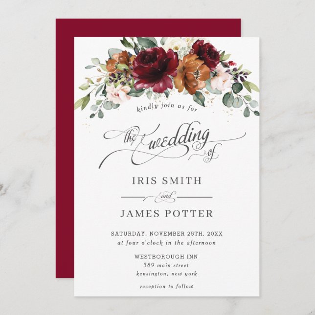 Convites Burgundy Burnt Orange Blush Ivory Floral Casamento (Frente/Verso)