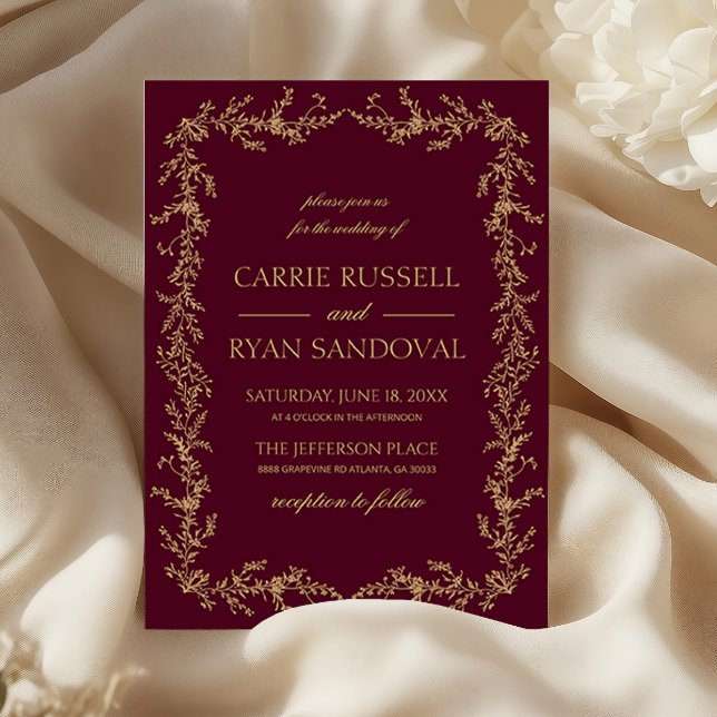 Convites Burgundy Champagne Hand Drawn Floral Frame Wedding (Criador carregado)