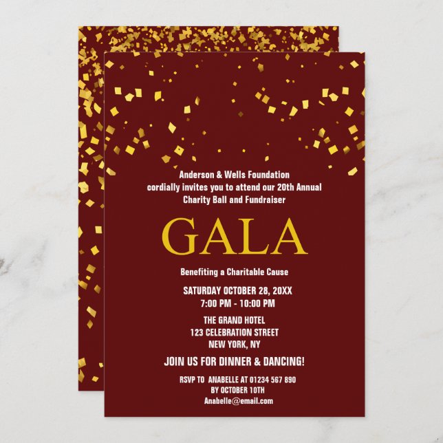 Convites Burgundy Charity Ball Corporate Fundraking Party (Frente/Verso)