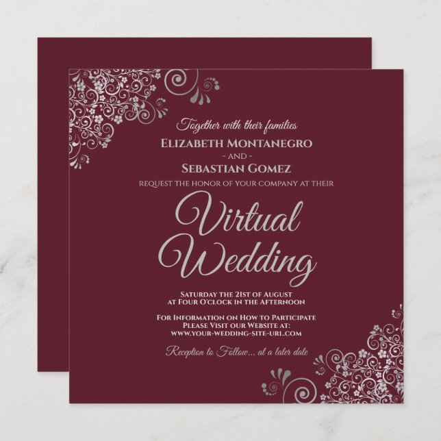 Convites Burgundy com Casamento Virtual Elegante Lacy Silve (Frente/Verso)