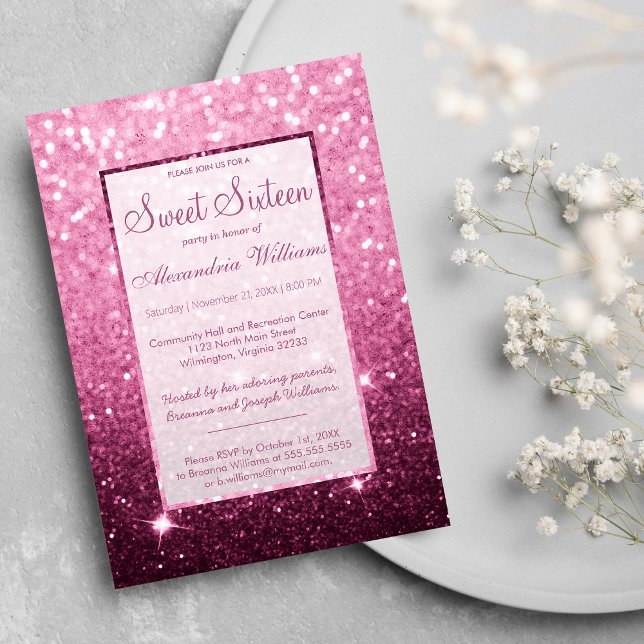 Convites Burgundy, cor-de-rosa, brilho doce 16 (Girly pink burgundy faux glitter bokeh Sweet 16 Invitation)