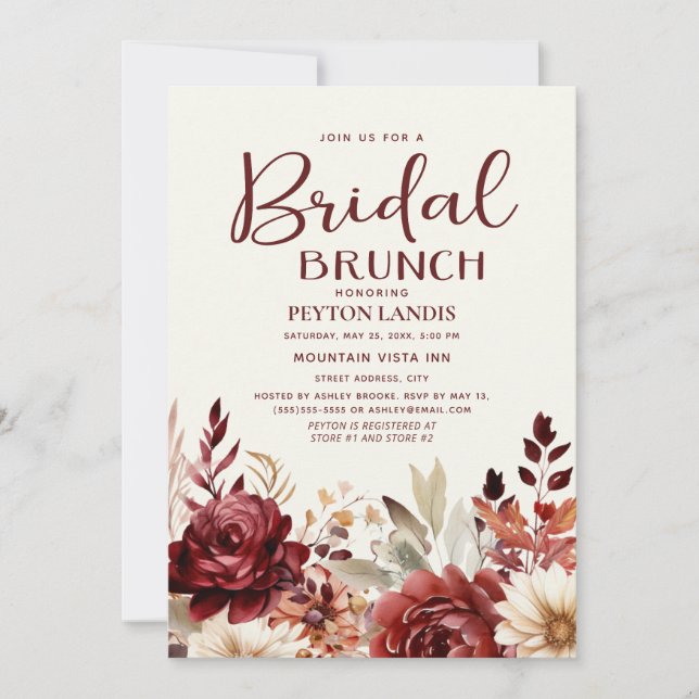 Convites Burgundy Cream Floral Bridal Brunch (Frente)