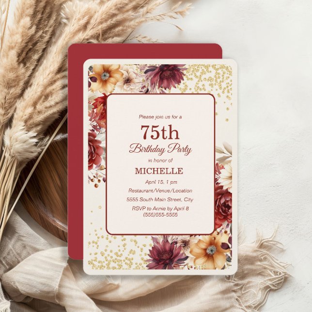 Convites Burgundy Cream Floral Dourada Glitter 75º Aniversá (Burgundy and cream watercolor floral 75th ibirthday party invitation)