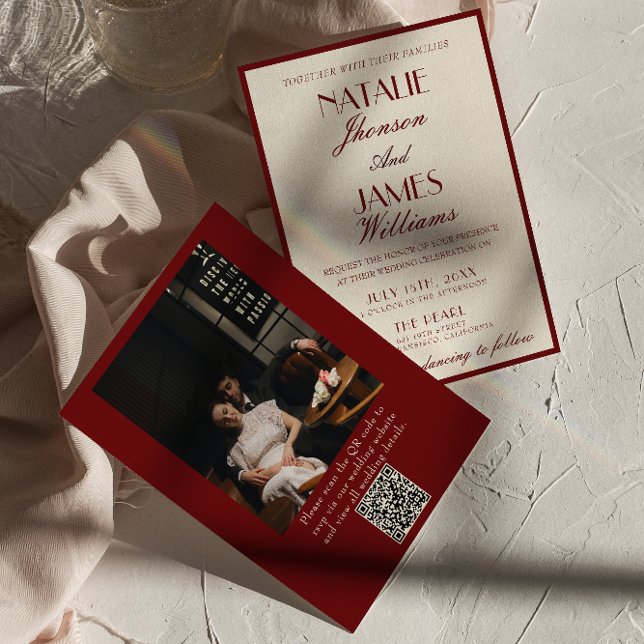 Convites Burgundy Cream Old Money QR Code Photo Wedding (Criador carregado)