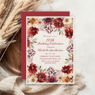 Convites Burgundy Cream Watercolor Floral 50º Aniversário