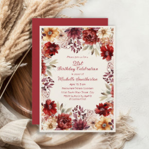 Convites Burgundy Creme Floral Aquarela Aniversário de 21 a