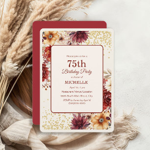 Convites Burgundy Creme Floral Dourado Brilho 75º Aniversár