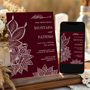 Convites Burgundy Creme Henna Mehndi Casamento Muçulmano