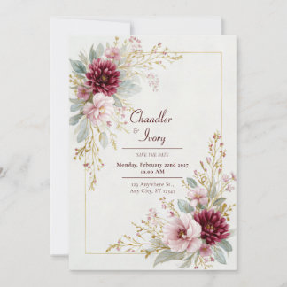 Convites Burgundy Dahlia Pink Rose Gold Frame Wedding