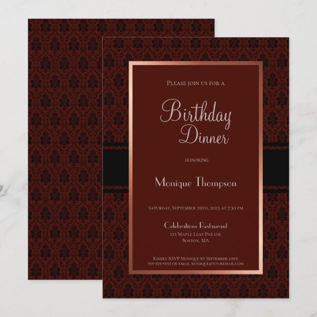 Convites Burgundy Damask Birthday - Janto (Frente/Verso)