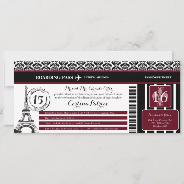 Convites Burgundy Damask Quinceanera Paris Embarque (Frente)