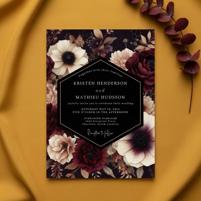 Convites Burgundy Dark Floral Nocturne Wedding (Criador carregado)