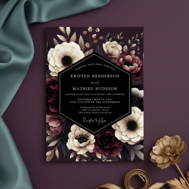 Convites Burgundy Dark Floral Romance Wedding (Criador carregado)