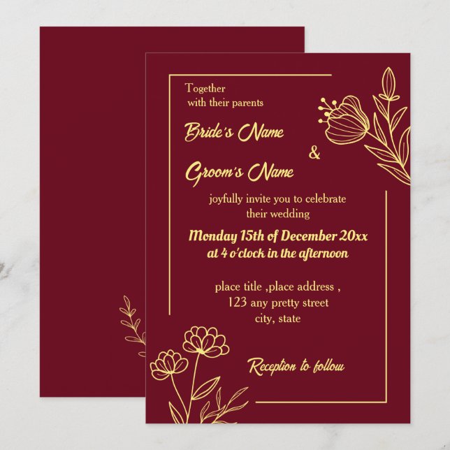 Convites Burgundy de ouro elegante romântico (Frente/Verso)
