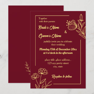 Convites Burgundy de ouro elegante romântico
