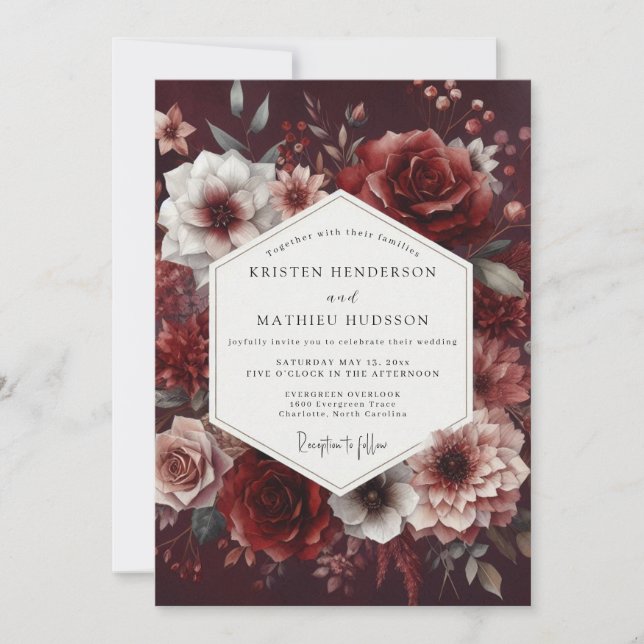 Convites Burgundy Deep Bloom Romance Wedding (Frente)