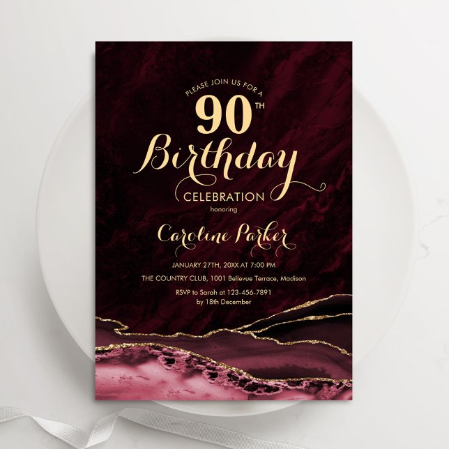 Convites Burgundy Dourada Agate Marble 90 Birday (Criador carregado)