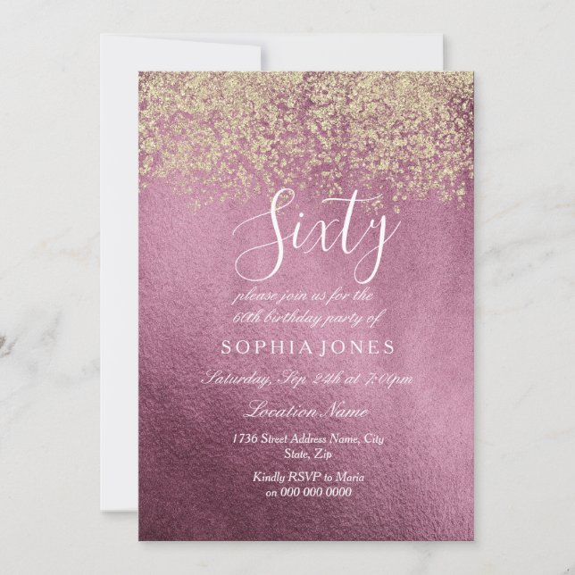 Convites Burgundy Dourada Confetti Glitter 60ª festa de ani (Frente)