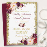 Convites Burgundy Dourada Floral Convocação B<br><div class="desc">Convocação para Casamento com Luminosas Douradas e Florais - Script Borgonha - Volta a Borgonha</div>