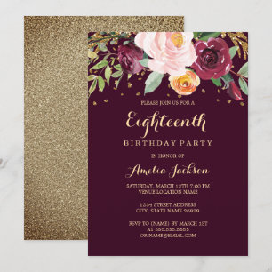Convites Burgundy Dourada Floral Glitter 18ª Festa de anive