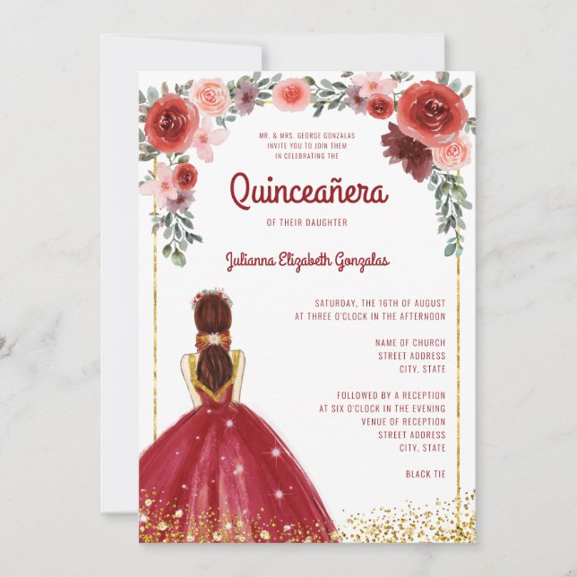 Convites Burgundy Dourada Glitter Floral Princesa Quinceane (Frente)