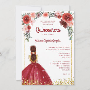 Convites Burgundy Dourada Glitter Floral Princesa Quinceane