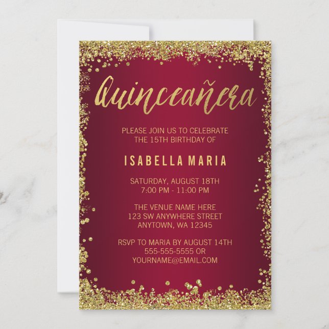 Convites Burgundy Dourada Glitter Quinceanera 15 de Anivers (Frente)
