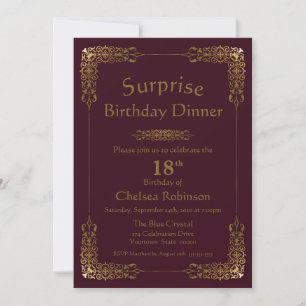 Convites Burgundy Dourada Lace Surpresa 18º Janto de aniver