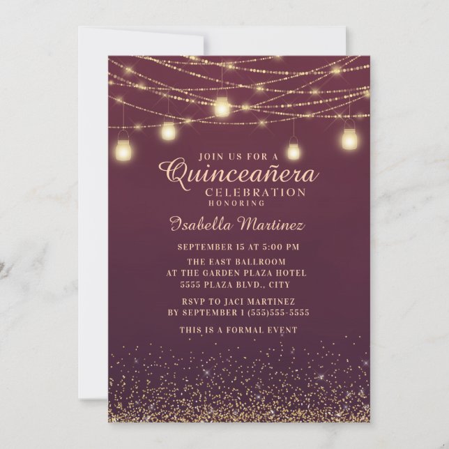 Convites Burgundy Dourada Lights Quinceañera (Frente)