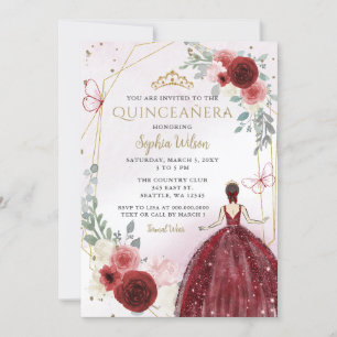 Convites Burgundy Dourada Princesa Floral Quinceañera