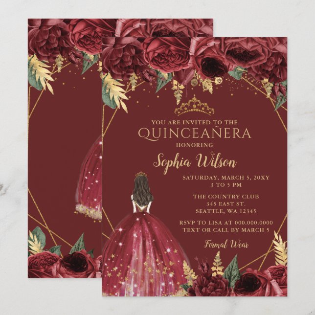 Convites Burgundy Dourada Princesa Floral Quinceañera Quinc (Frente/Verso)