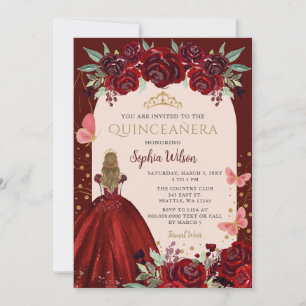 Convites Burgundy Dourada Princesa Floral Quinceañera Quinc