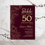 Convites Burgundy Dourada Surpresa 50º Aniversário<br><div class="desc">Surpresa Dourada Burgundy 50º Convite de Aniversário. A design feminina moderna de marrom minimalista apresenta sotaques botânicos e letra de script de tipografia. Simples cartão de convite floral perfeito para uma festa surpresa na moda.</div>
