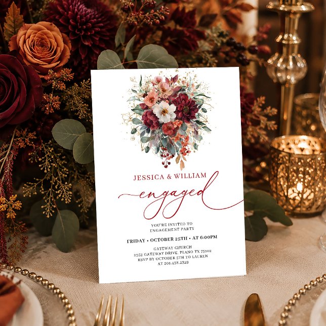 Convites Burgundy Dourado Eucalipto Outono atemporal convit (Timeless Burgundy Gold Eucalyptus Autumn engagement invitation card

)