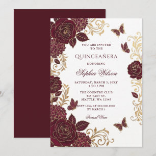 Convites Burgundy Dourado Floral Borboleta Quinceañera