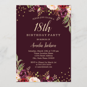 Convites Burgundy Dourado floral Brilho 18º Aniversário