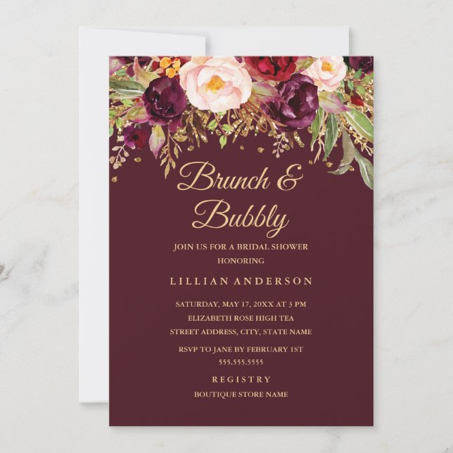 Convites Burgundy Dourado Glitter Floral Brunch E Espumante (Frente)