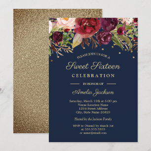 Convites Burgundy Dourado Naval Floral Aquarela Sweet Sixte