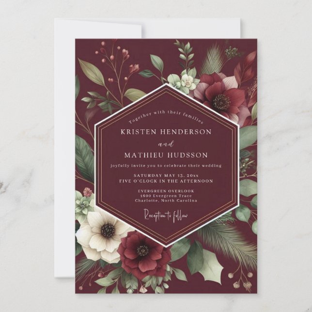 Convites Burgundy Dramatic Anemone Wedding (Frente)