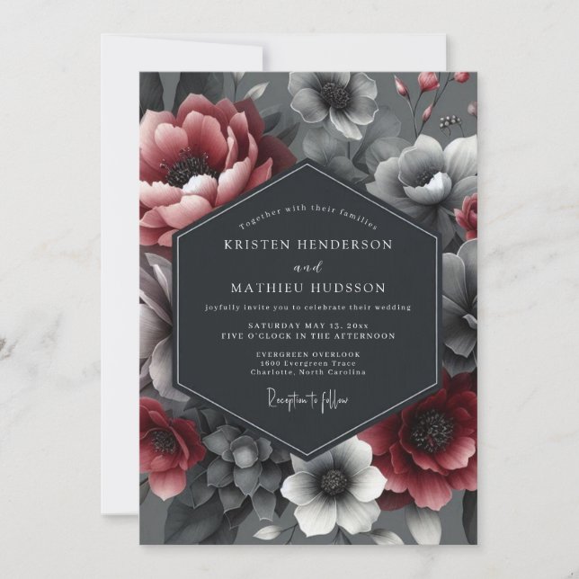 Convites Burgundy Dramatic Bloom Wedding (Frente)