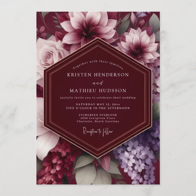 Convites Burgundy Dramatic Botanical Wedding (Frente)