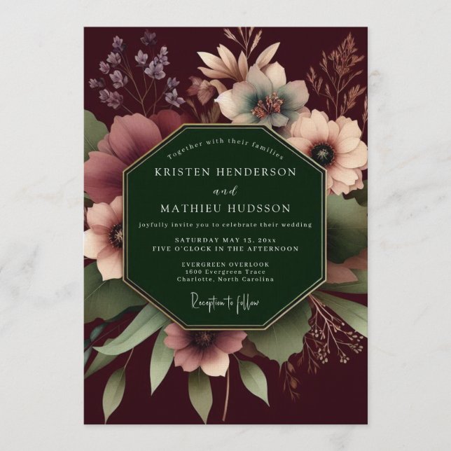 Convites Burgundy Dramatic Floral Wedding (Frente)