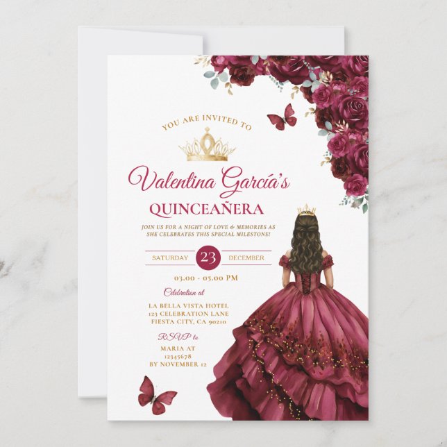 Convites Burgundy Dress Quinceañera 15 Anos Flores Dourados (Frente)