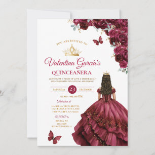 Convites Burgundy Dress Quinceañera 15 Anos Flores Dourados