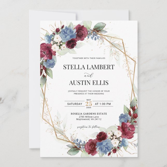 Convites Burgundy Dusty Blue Geometric Digital Invitation (Frente)
