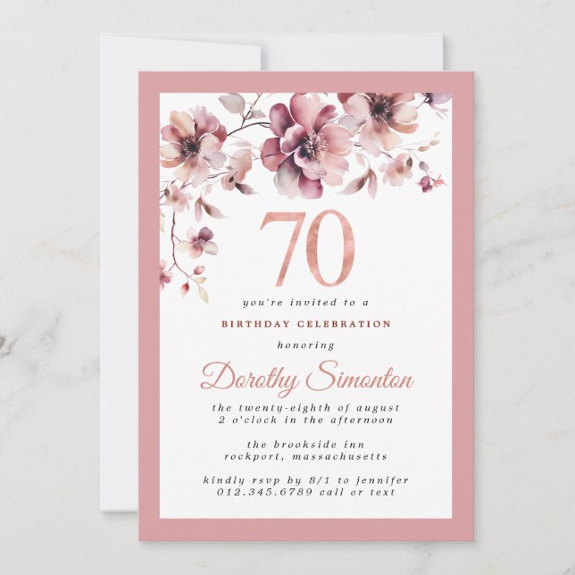 Convites Burgundy Dusty Blush Pink 70 Floral Rosa Aniversár (Frente)