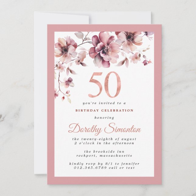 Convites Burgundy Dusty Blush Pink Floral 50º Aniversário (Frente)