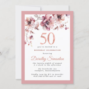 Convites Burgundy Dusty Blush Pink Floral 50º Aniversário