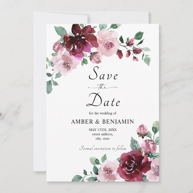 Convites Burgundy & Dusty Rose Floral Casamento Save The Da (Frente)